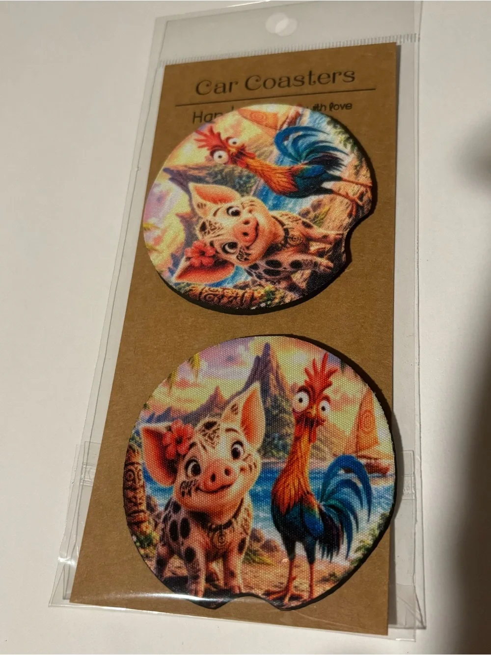 Cute Pig & Rooster Car Coasters - Colorful Beach Design. Handmade Moana rubber